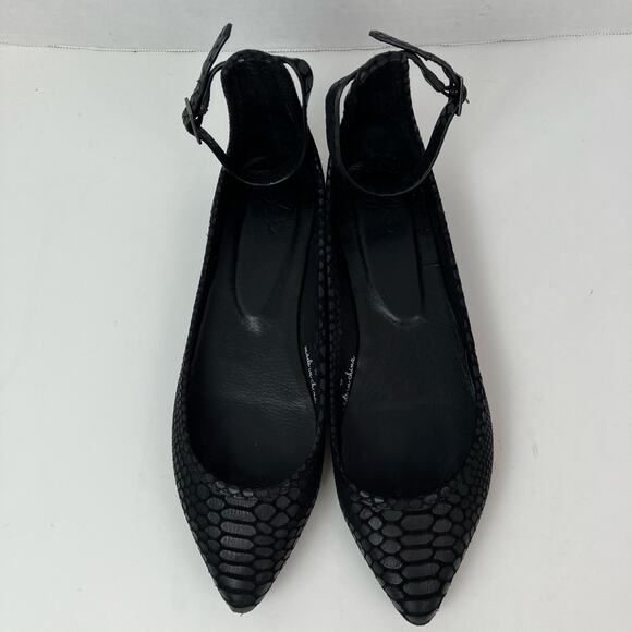 Joie Sz 9 Temple Black Embossed Leather Ankle Wrap Ballet Flats Pointed Toe - Picture 6 of 16